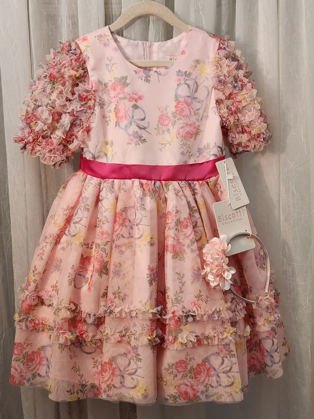 Biscotti Pink Floral Ruffle Party Dress w/ Headband, Size 7, NWT